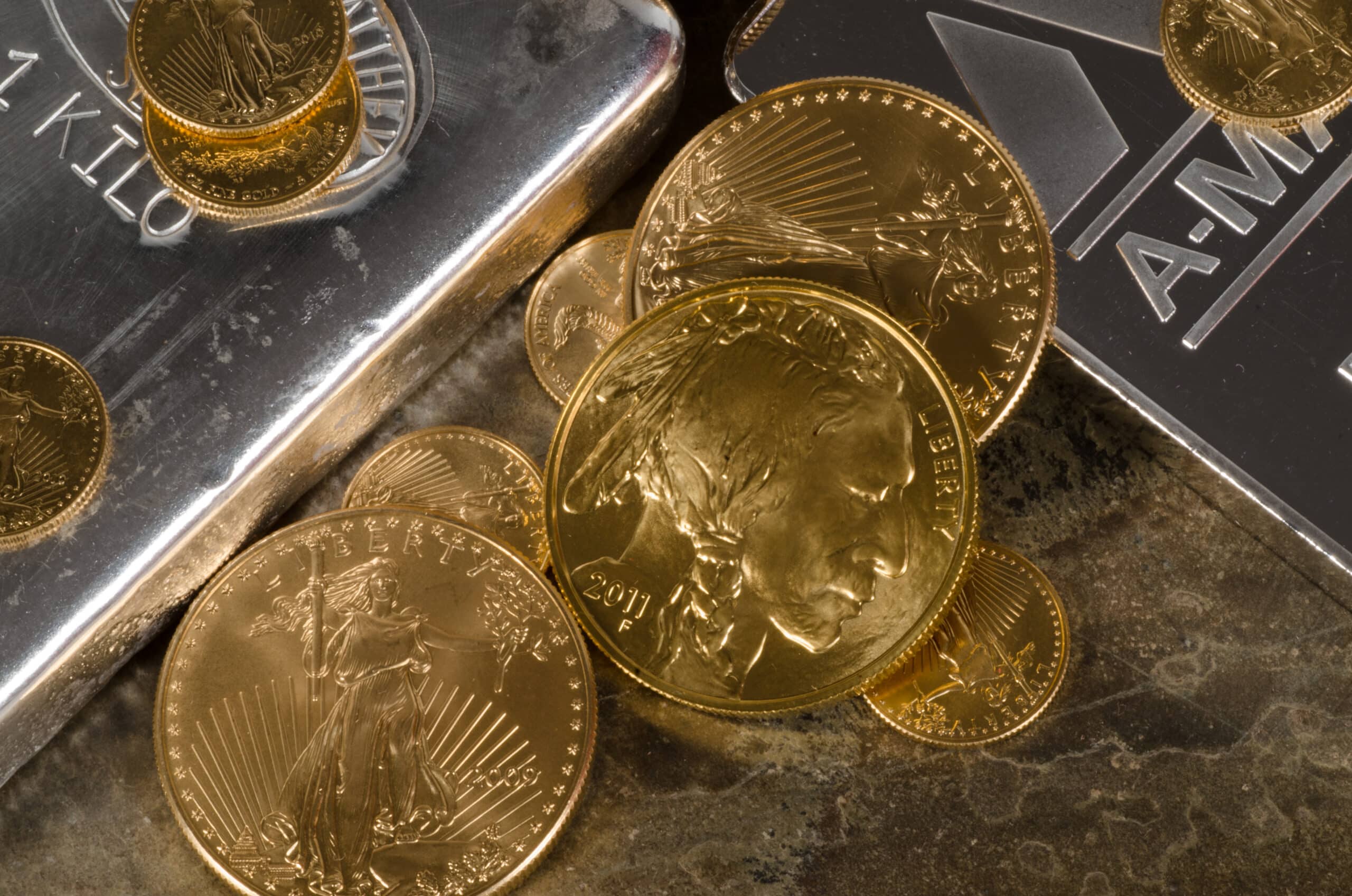These American Gold Eagle &amp; Buffalos are atop silver bars