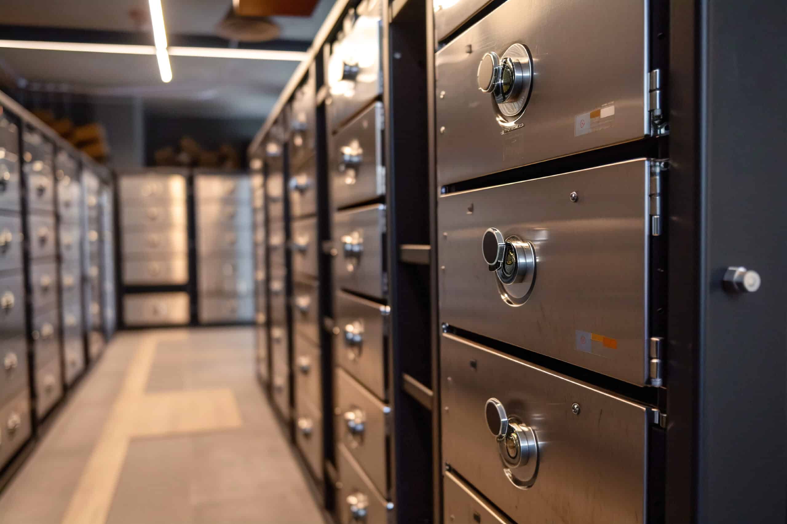 Secure bank vault room with rows of safe deposit boxes, showcasing high security and reliable storage. Generative AI